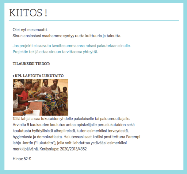 Kuvakaappaus sivulta mesenaatti.me/lahjoitalukutaito