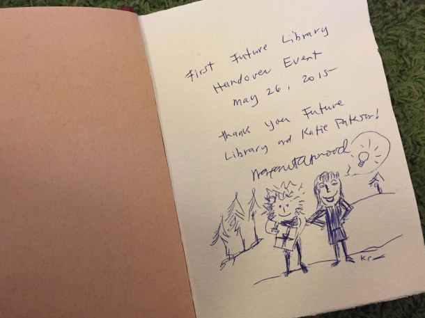 Margaret Atwoodin omistuskirjoitus Future Libraryn "vieraskirjaan". Kuva: Reeta / Les! Lue!